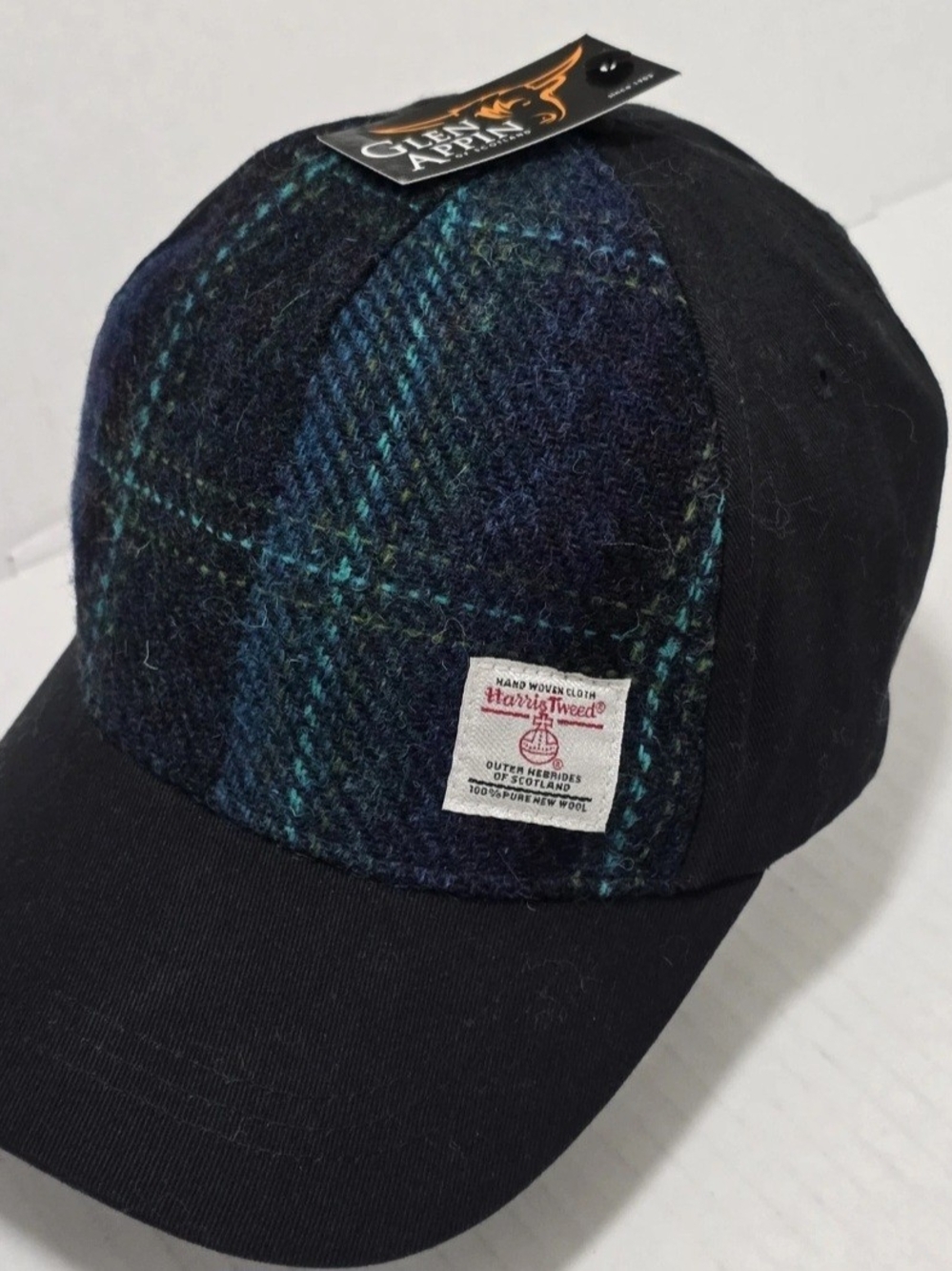 Glen Appin of Scotland Harris Tweed Baseball Cap Hat Tartan Plaid Blue Green NWT